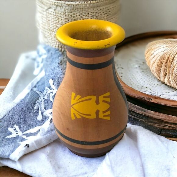 Navajo Pand Painted Hand Turned Vase Wooden Southwestern Turtle Native American - Picture 12 of 16